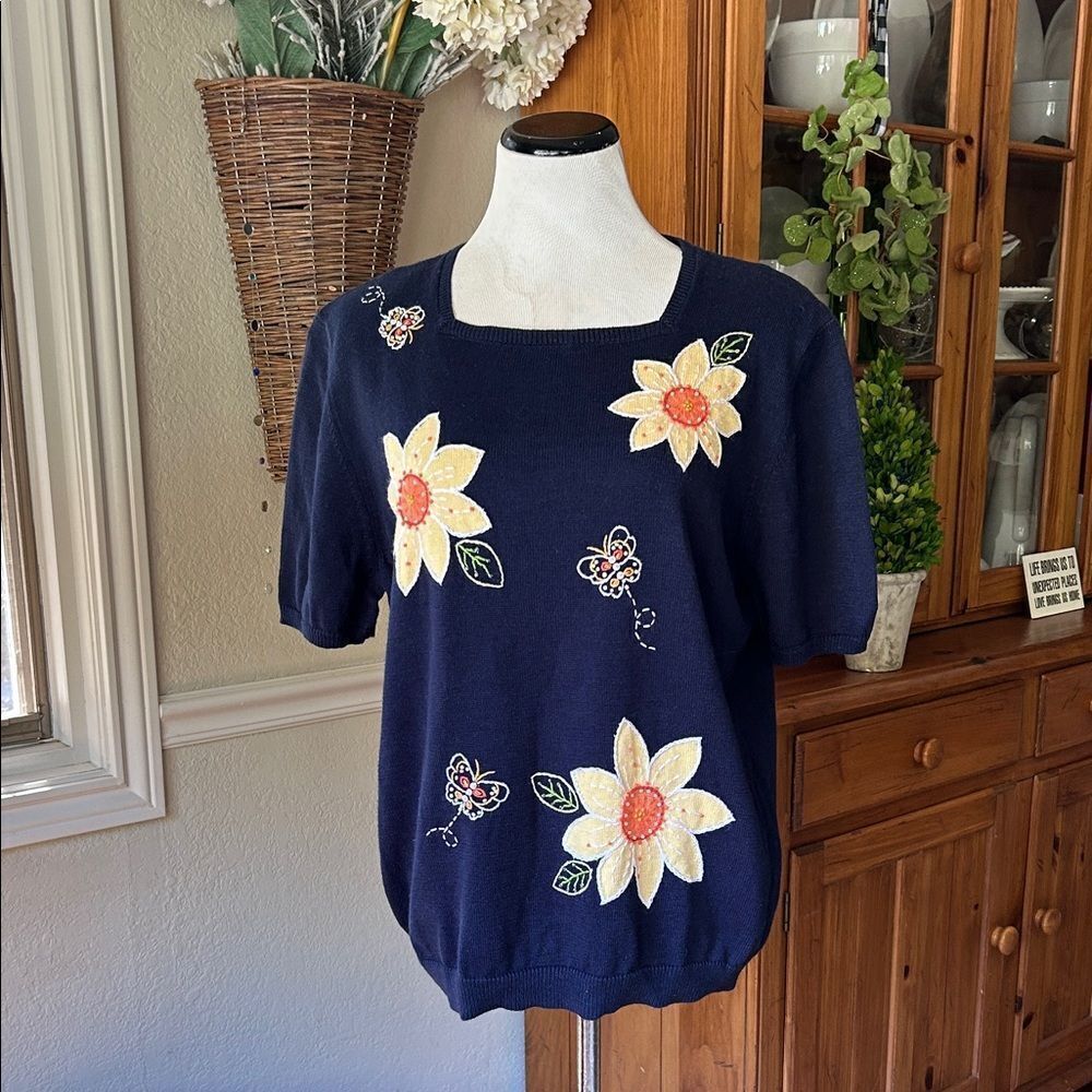 Alfred Dunner Dark Blue Knit Top Embellish With Embroidery And Beads Size XL